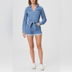 Paige maggy tie‎ waist long sleeve denim romper